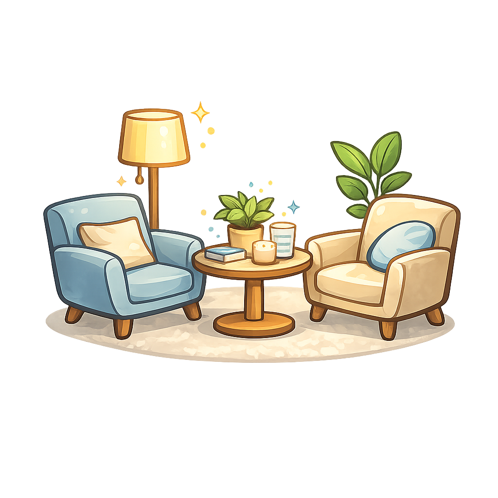 deux fauteuil et une table basse entre les deux , image déssiné qui represnete le lieu en cabinet 